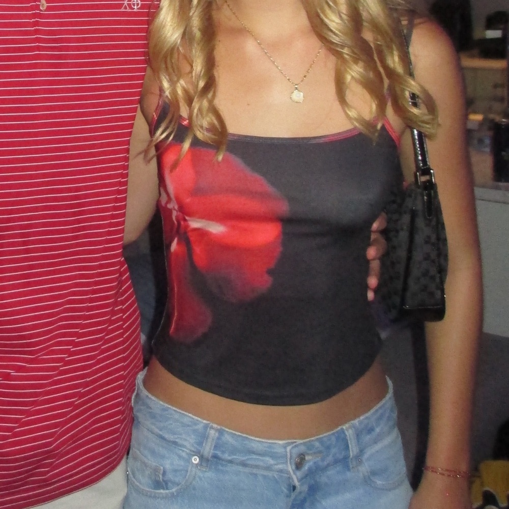 Peppermayo Black Tank Top with Red Floral Print